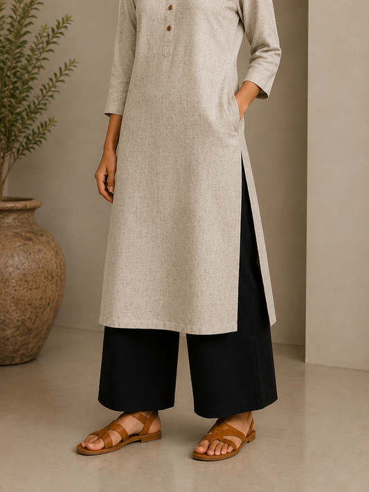 Airy Linen Straight Kurta with Wide-Leg Pants