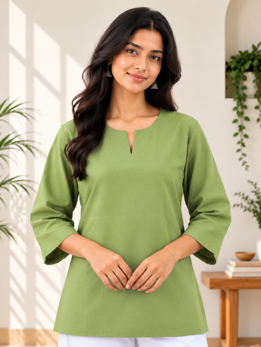 Sage Green Round Neck Cotton Short Kurta