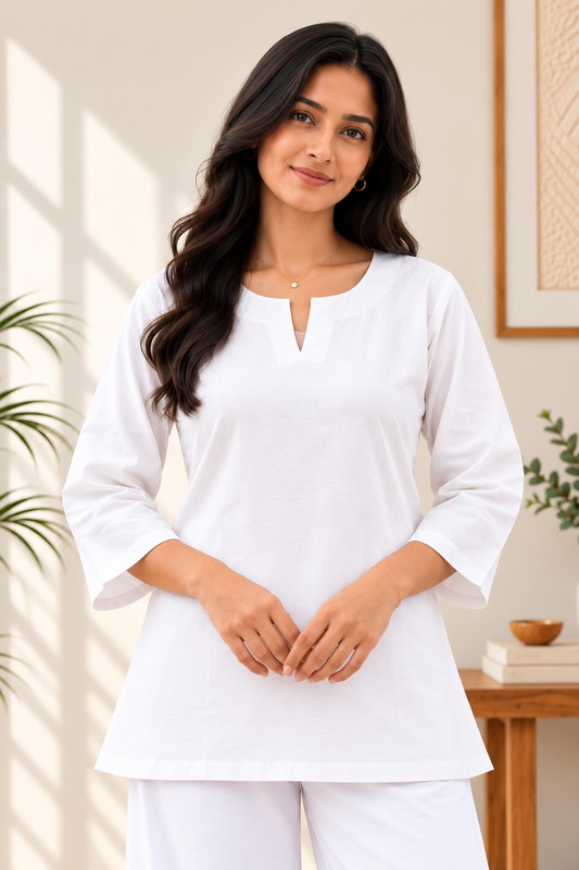 Ivory Round Neck Cotton Short Kurta