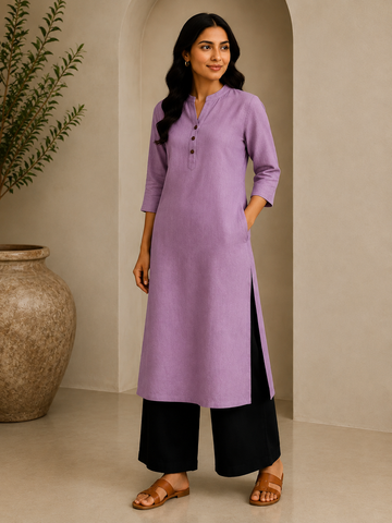 Lilac Airy Linen Chain Collar Long Kurta