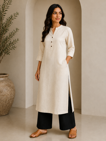 Ivory White Airy Linen Chain Collar Long Kurta