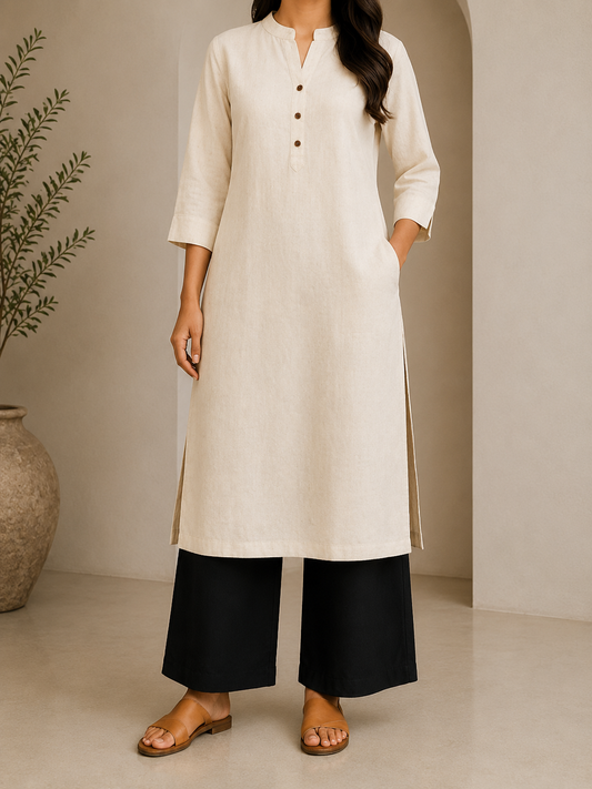 Ivory White Airy Linen Chain Collar Long Kurta
