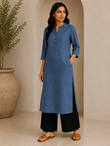 Denim Blue Airy Linen Chain Collar Long Kurta