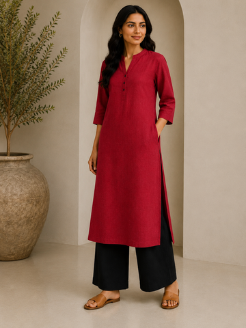 Deep Red Airy Linen Chain Collar Long Kurta