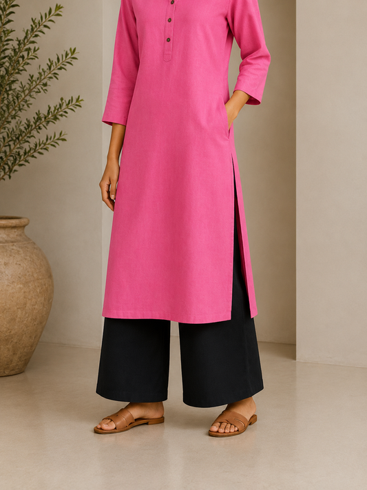 Bright Pink Airy Linen Chain Collar Long Kurta