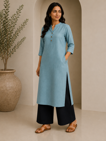 Powder Blue Airy Linen Chain Collar Long Kurta