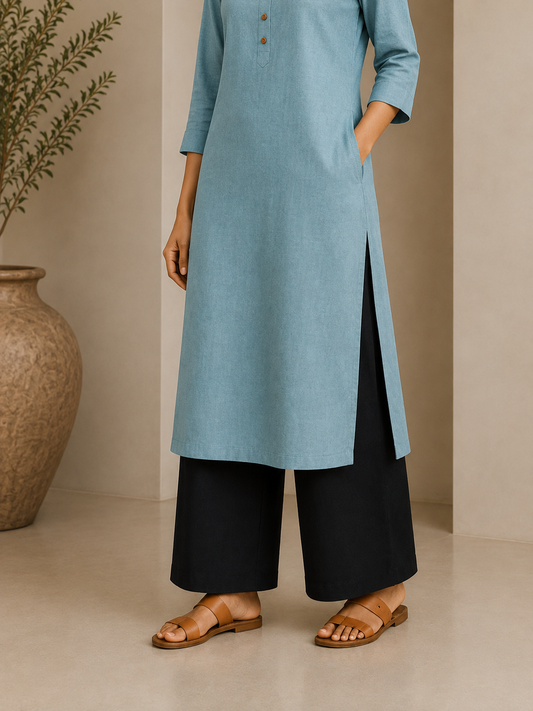 Powder Blue Airy Linen Chain Collar Long Kurta