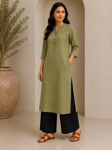 Olive Green Airy Linen Long Kurta with Chain Collar