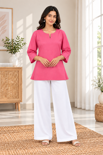 Hot Pink Round Neck Cotton Short Kurta