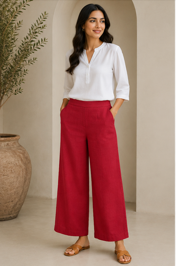 Classic Red Wide-Leg Airy Linen Pants – Relaxed Fit