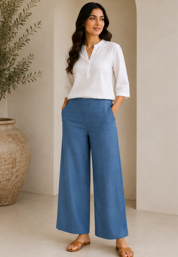 Denim Blue Wide-Leg Airy Linen Pants – Relaxed Fit