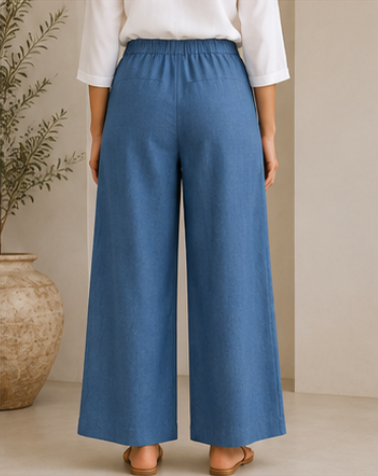 Denim Blue Wide-Leg Airy Linen Pants – Relaxed Fit