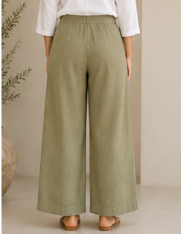 Olive Green Wide-Leg Airy Linen Pants – Relaxed Fit