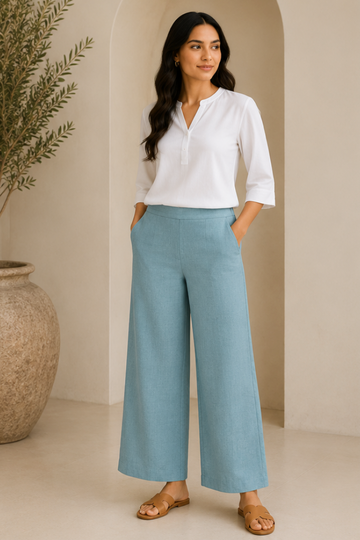 Sky Blue Wide-Leg Airy Linen Pants – Relaxed Fit