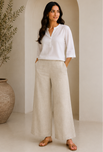 Natural Beige Airy Linen Wide-Leg Pants