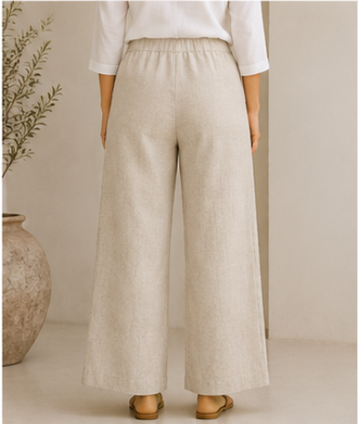 Natural Beige Airy Linen Wide-Leg Pants